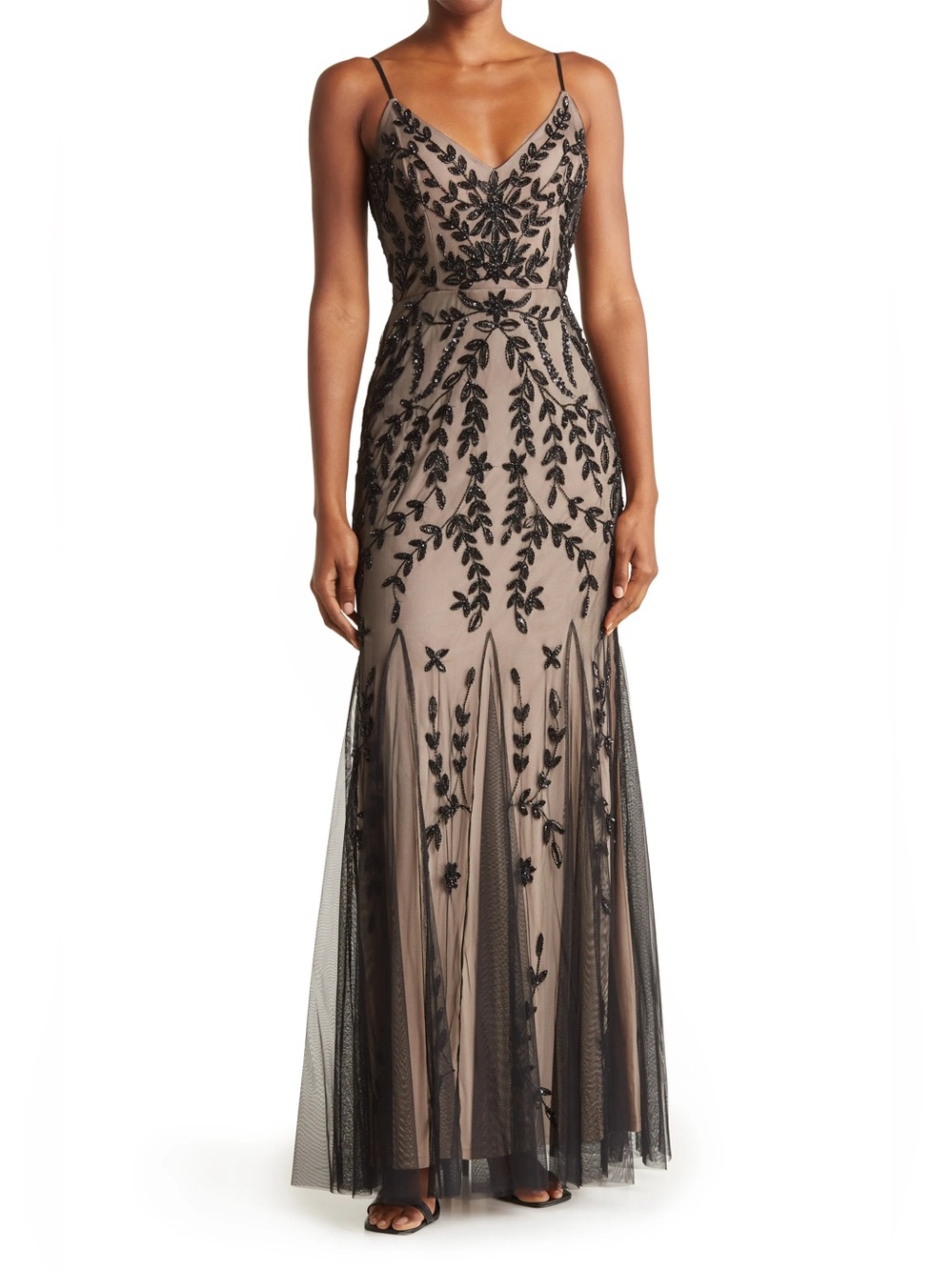 Marina Beaded V-Neck Gown in Black & Nude Large NWT